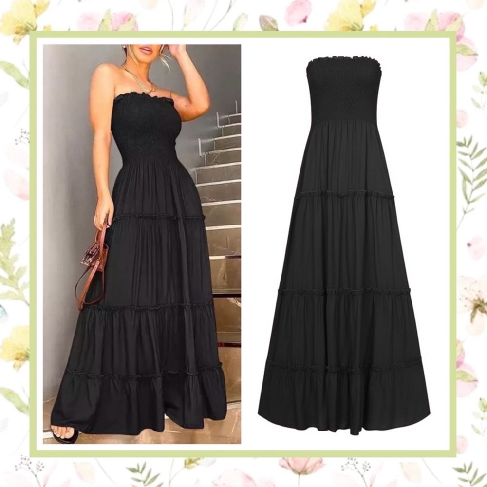 🍒 2X PLUS MAXI DRESS LONG CASUAL CLASSIC BLACK STRAPLESS SUMMER BEACH RUFFLE